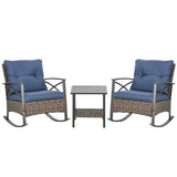 Ensemble de 3 chaises à bascule Outsunny avec coussins, ensemble bistro en osier, bleu foncé