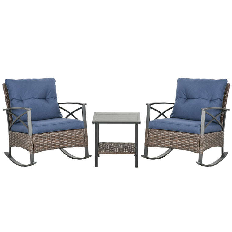 Ensemble de 3 chaises à bascule Outsunny avec coussins, ensemble bistro en osier, bleu foncé