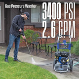 Nettoyeur haute pression à essence Westinghouse WPX3400, 3400 PSI et 2,6 GPM max, réservoir à savon intégré, pistolet et lance, ensemble de 5 buses, pour voitures/clôtures/allées/maisons/patios/meubles