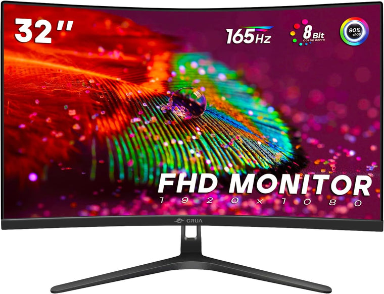 Moniteur ultra-large CRUA 32 pouces 165Hz, moniteur de jeu incurvé, écran PC FHD 1080P, affichage 1800R, 1ms GTG, Freesync et faible flou de mouvement, gamme de couleurs 90% SRGB, ports DP, HDMI, DVI - Noir (VESA)