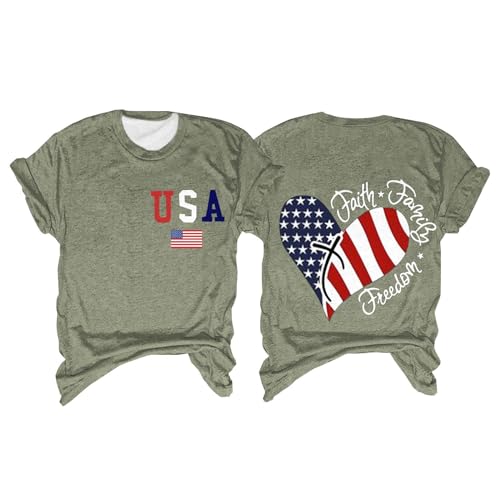 T-shirt femme États-Unis Foi Famille Liberté 4 juillet col rond avec motif cœur et drapeau manches courtes cadeau de festival