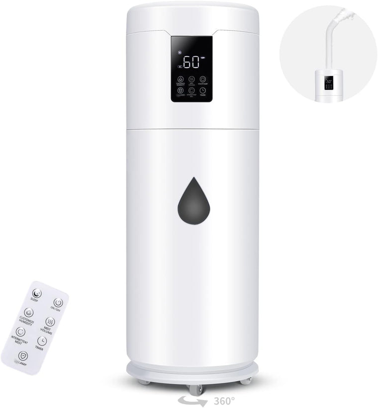 Humidificateur tour pour grande pièce de 93 m², Hiswelle 17 L (4,49 gal) à ultrasons, brume froide, remplissage par le haut, avec buse à 360°, 4 vitesses, hygrostat et bac à huiles essentielles pour chambre, école, bureau, serre
