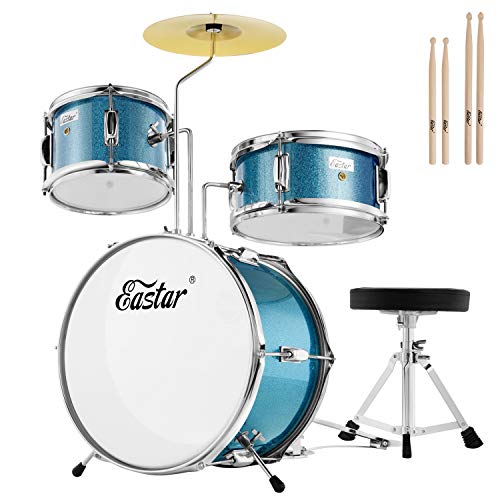 Batterie pour enfants Eastar 3 pièces pour débutants, ensemble de batterie de 14 pouces avec siège réglable, cymbale, pédale et deux paires de baguettes, batterie junior avec grosse caisse, tom et caisse claire, bleu ciel métallisé