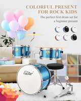 Batterie pour enfants Eastar 3 pièces pour débutants, ensemble de batterie de 14 pouces avec siège réglable, cymbale, pédale et deux paires de baguettes, batterie junior avec grosse caisse, tom et caisse claire, bleu ciel métallisé