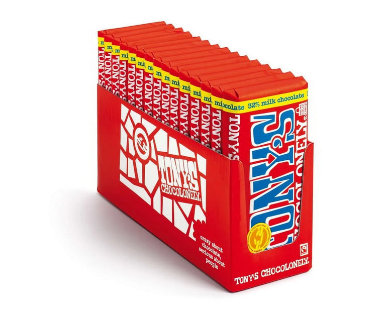 Tablette de chocolat au lait Tony’s Chocolonely, 32 %, 180 g – Carton de 15