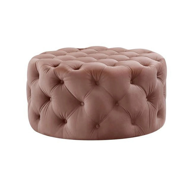 HomeRoots 490621 Pouf cocktail rond capitonné en velours rose poudré et noir 17 x 33 x 33 po
